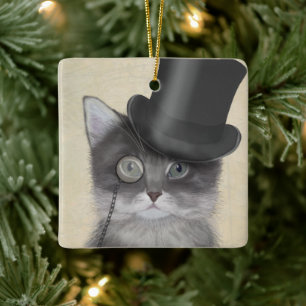 Ornement En Céramique Chat gris avec chapeau supérieur