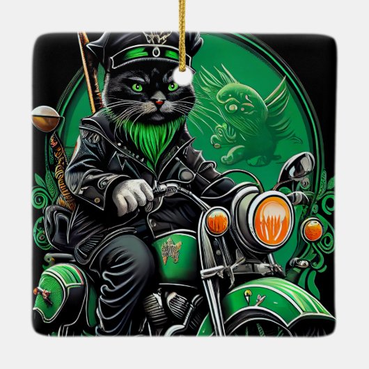 Ornement En Céramique Chat noir conduite vélo St. Patrick's Day (Dos)