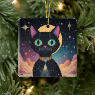 Ornement En Céramique Chat noir cosmique futuriste atomique au clair de