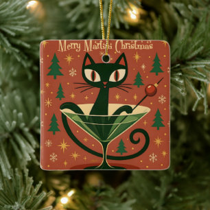 Ornement En Céramique Chat Noir de Noël Martini du Milieu du Siècle