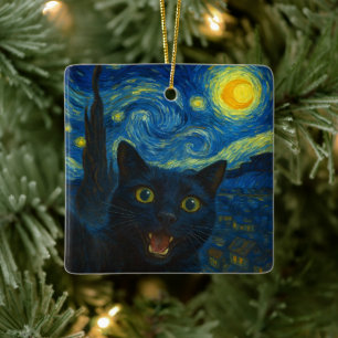 Ornement En Céramique Chat noir Starry Nuit Van Gogh Chat Selfie