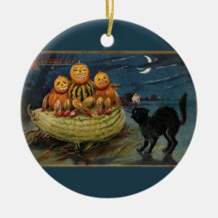 Ornement En Céramique Chat noir vintage Halloween Citrouille