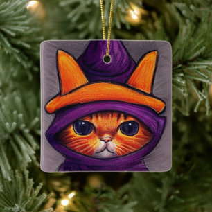Ornement En Céramique Chat orange avec chapeau de sorcière violet Hallow