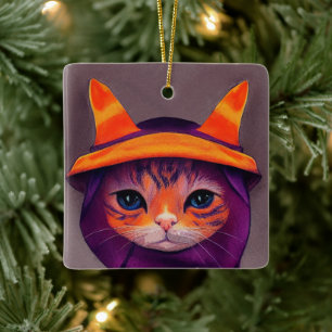 Ornement En Céramique Chat orange avec chapeau de sorcière violet Hallow