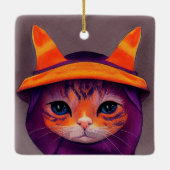 Ornement En Céramique Chat orange avec sorcière violette Casquette Hallo (Dos)