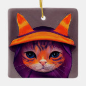 Ornement En Céramique Chat orange avec sorcière violette Casquette Hallo (Devant)