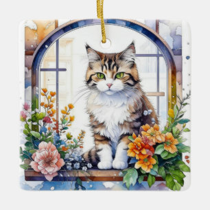 Ornement En Céramique Chat rayé dans la fenêtre de fleurs Personnalisé