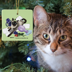 Ornement En Céramique Chat siamois espiègle et vert impertinent Drôle