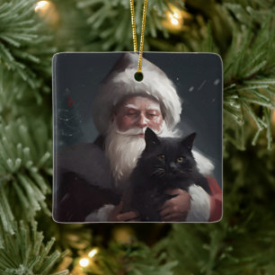 Ornement En Céramique Chat Smoking Avec Le Père Noël Festif Noël