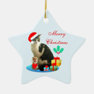 Ornement En Céramique Chat tabby de Noël, petit ange et cadeaux