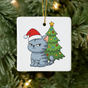 Ornement En Céramique Chat tabby gris grincheux avec chapeau de Noël rou