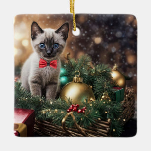 Ornement En Céramique Chaton siamois super mignon pour les fêtes de Noël