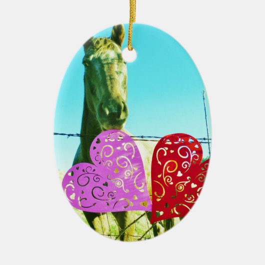 Ornement En Céramique Cheval blond et Coeurs rose et rouge (Devant)