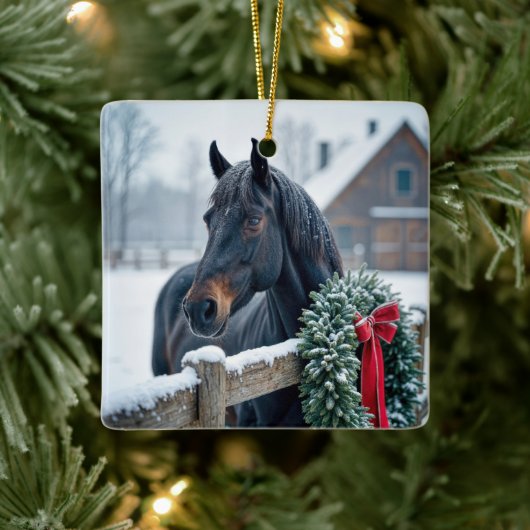 Ornement En Céramique Cheval de Noël avec couronne (Arbre)