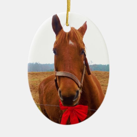 Ornement En Céramique Cheval de Noël Brown et Bow rouge (Devant)