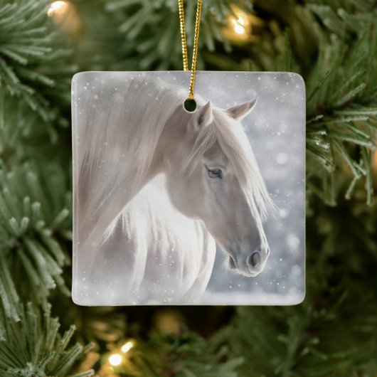Ornement En Céramique Cheval de Noël en Mane blanc long neige (Arbre)