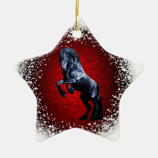 Ornement En Céramique Cheval friésien, étalon noir, neige, granit rouge (Devant)