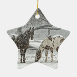 Ornement En Céramique cheval hiver neige ferme ranch animaux neigeux gel
