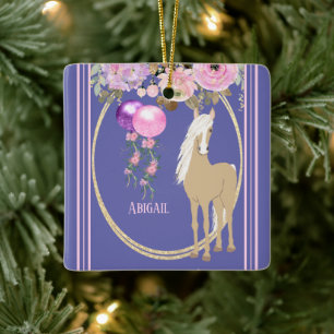 Ornement En Céramique Cheval rose et périwinkle personnalisé