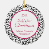 Ornement En Céramique Chic Damask Pink Baby's First Christmas (Dos)