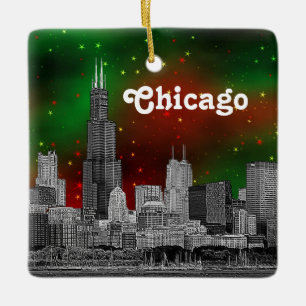 Ornement En Céramique Chicago Skyline Etched, Green Red Starry Sky Xmas