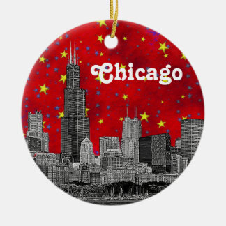 Ornement En Céramique Chicago Skyline Etched, Red Starry Sky