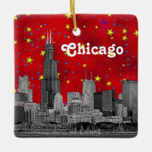 Ornement En Céramique Chicago Skyline Etched, Red Starry Sky