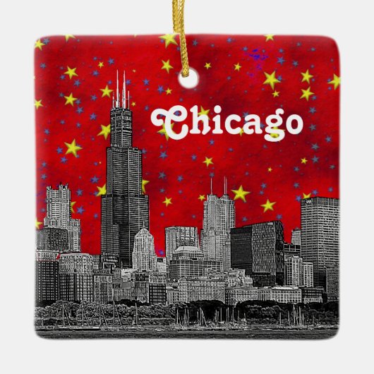Ornement En Céramique Chicago Skyline Etched, Red Starry Sky (Devant)