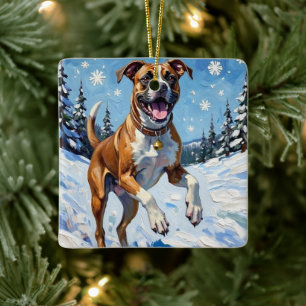 Ornement En Céramique Chien Boxer Énergique Bondissant dans la Neige d'H