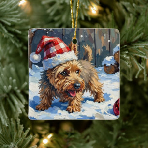 Ornement En Céramique Chien Cairn Terrier enjoué creusant pour Noël T