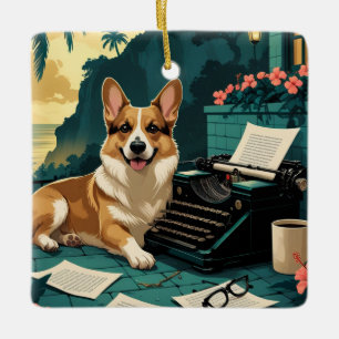 Ornement En Céramique Chien Corgi à la fourrure luisante et à l'ancienne