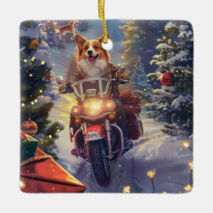 Ornement En Céramique Chien Corgi à moto Noël