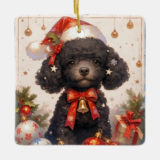 Ornement En Céramique Chien de caniche noir de Noël (Devant)