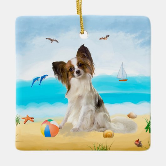 Ornement En Céramique Chien de Papillon sur la plage (Devant)