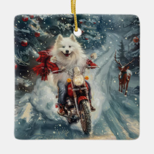 Ornement En Céramique Chien Esquimau Américain à moto Noël