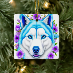 Ornement En Céramique Chien Husky aux Yeux Bleus et Fleurs Noël