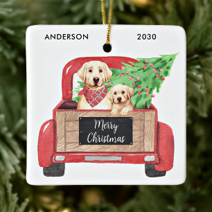 Ornement En Céramique Chien Jaune Labrador Chiot Camion Rouge Noël Vinta