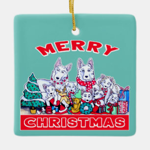 Ornement En Céramique Chien Joyeux Noël Blanc Berger Fête GSD Fun
