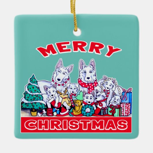 Ornement En Céramique Chien Joyeux Noël Blanc Berger Fête GSD Fun (Devant)