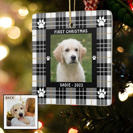 Ornement En Céramique Chien PREMIER NOËL Tan Blanc Noir Tan Plaid