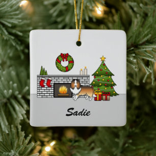 Ornement En Céramique Chien Sable Sheltie Dans Une Chambre De Noël & Nom