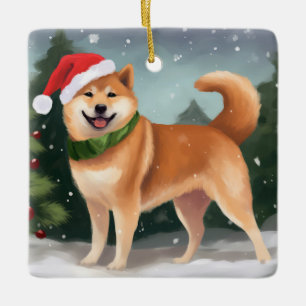 Ornement En Céramique Chien Shiba Inu dans la neige de Noël