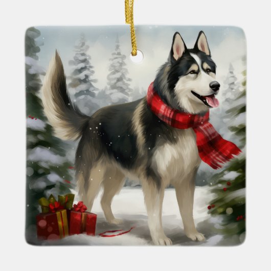 Ornement En Céramique Chien sibérien Husky à Noël de neige (Devant)