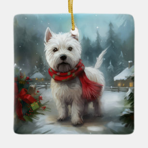 Ornement En Céramique Chien Terrier West Highland White dans la neige de
