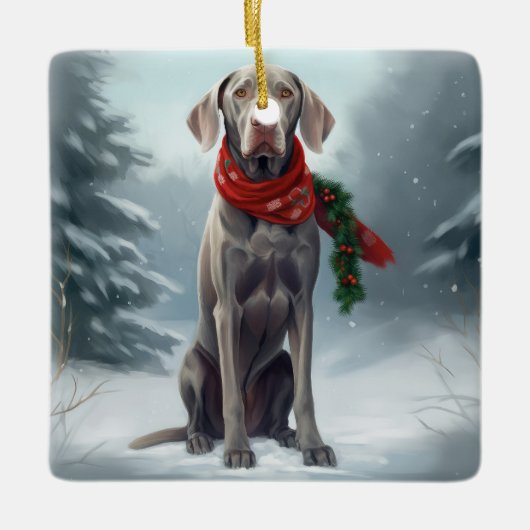 Ornement En Céramique Chien Weimaraner à Noël de neige (Devant)