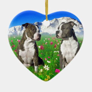 Ornement En Céramique Chiens Brindle et bleus du Staffordshire et de
