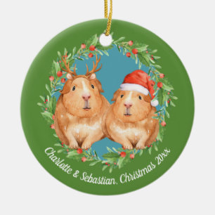 Ornement En Céramique Chiens de Noël Père Noël et couronne de rennes
