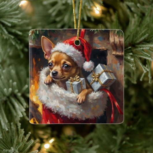 Ornement En Céramique Chihuahua Dog Christmas Stocking Surprise Art (Arbre)