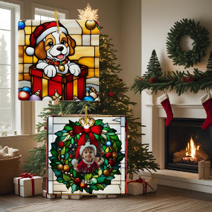 Ornement En Céramique Chiot de Noël enveloppé Faux Vitrail