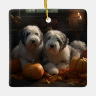 Ornement En Céramique Chiot Old English Sheepdog Autumn Delight Citrouil